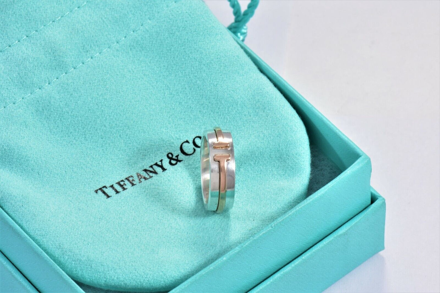 Tiffany & Co Silver 18k Rose Gold T Square 6mm Wide Band Ring Size 4 and Pouch