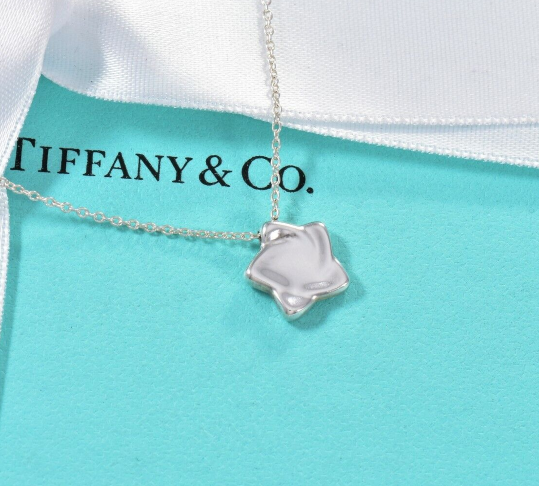 Tiffany & Co Silver Elsa Peretti Small Star Pendant 16" Chain Necklace in Pouch