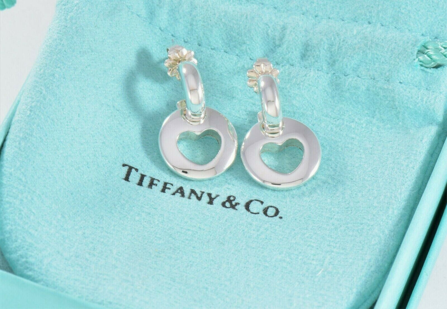 Tiffany & Co Silver Open Heart Cutout Hoop Dangle Stencil Love Earrings 2 in 1