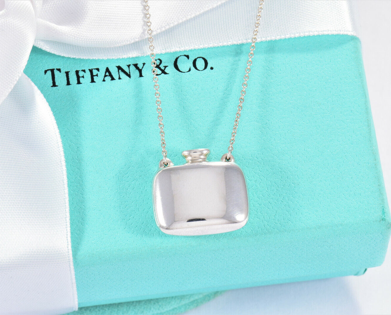 Tiffany & Co Silver Elsa Peretti Square Bottle Pendant 25" Necklace & Pouch Rare