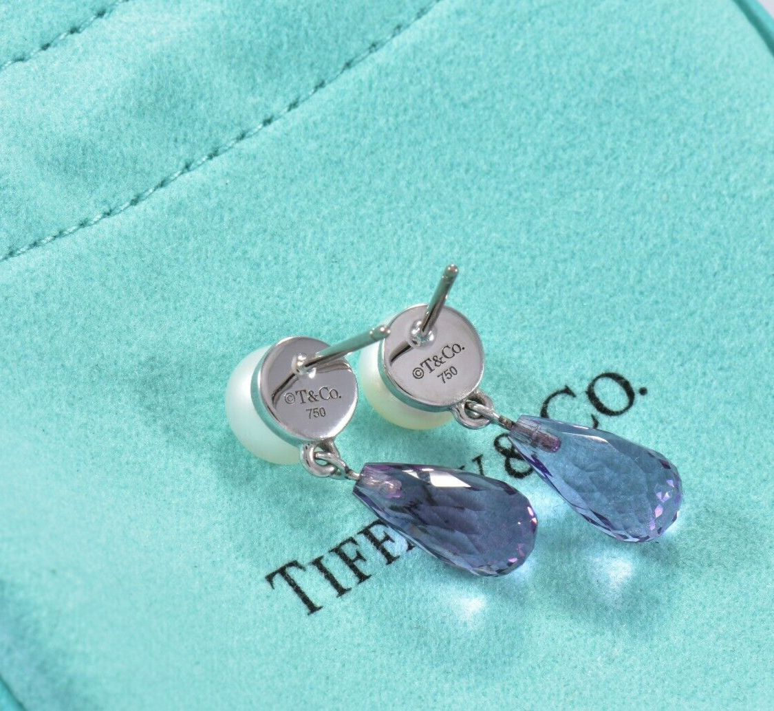 Tiffany & Co Amethyst 18K White Gold Pearl Drop Earrings Box Pouch Rare Dangling