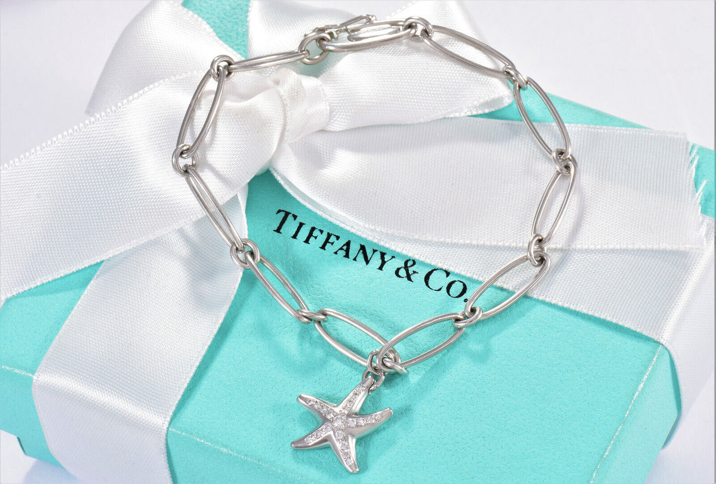 Tiffany & Co Elsa Peretti Diamond Platinum Starfish Charm 7.3" Bracelet in Box