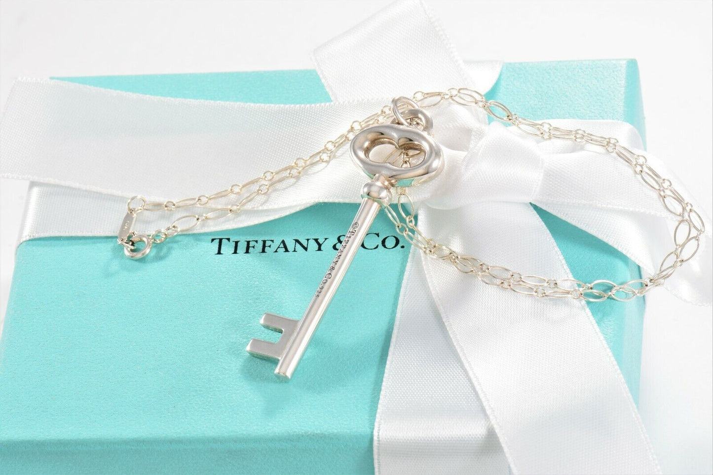 Tiffany & Co Silver Large 2" Oval Key Charm Pendant 18.5" Chain Necklace Pouch