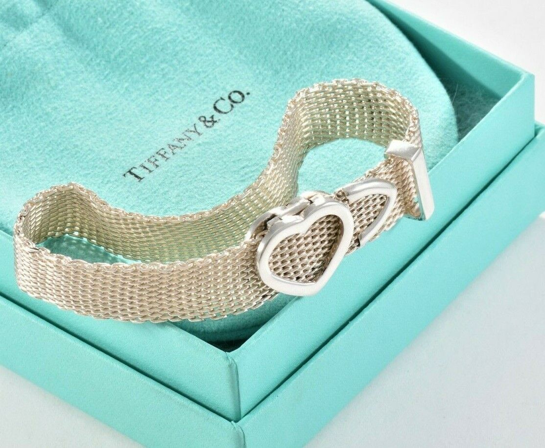 Tiffany & Co Silver Somerset Heart Mesh Belt Buckle 8.5" Bracelet & Pouch Rare