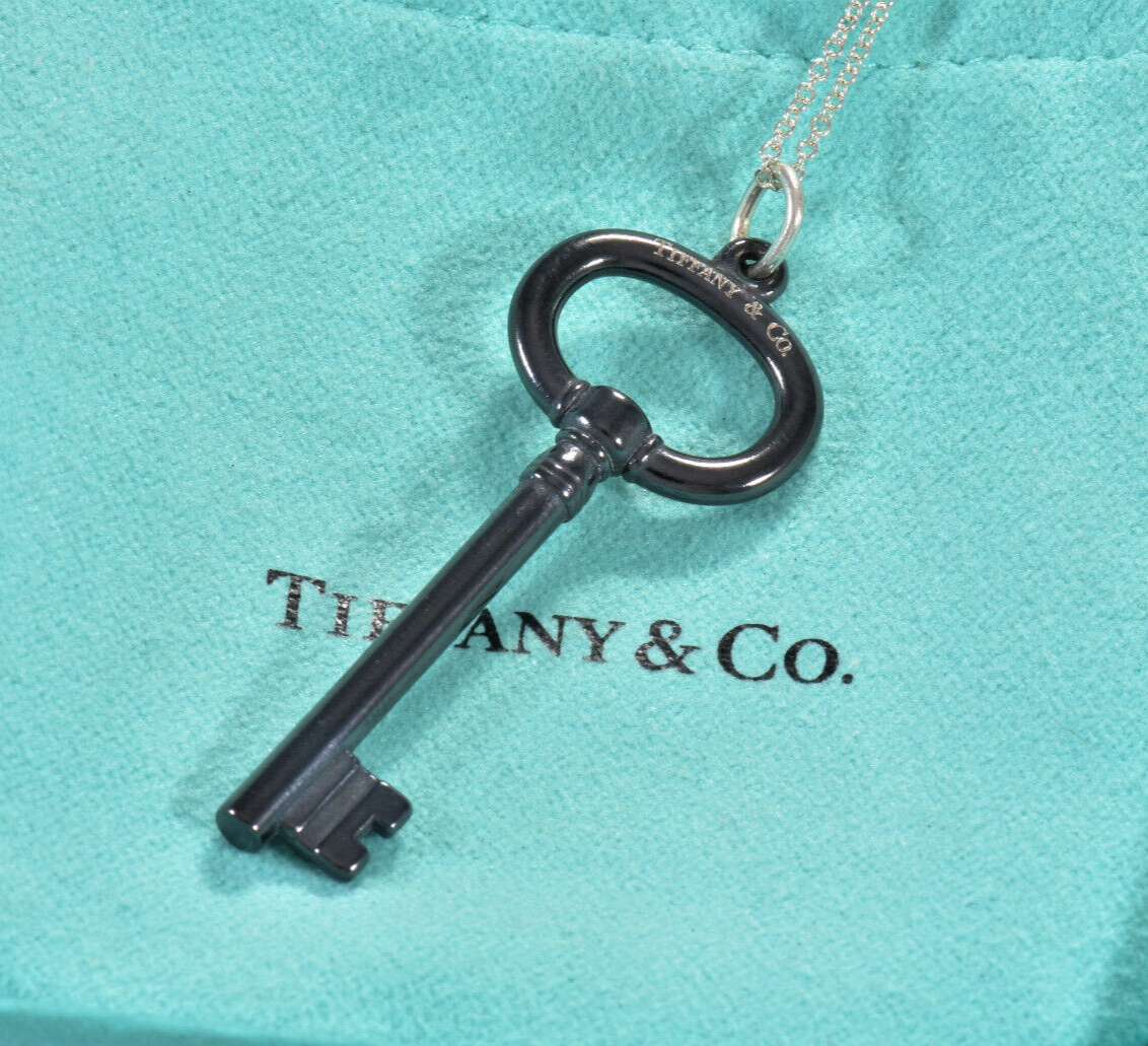 Tiffany & Co Sterling Silver Titanium Oval Key Pendant 16.5" Necklace in Pouch