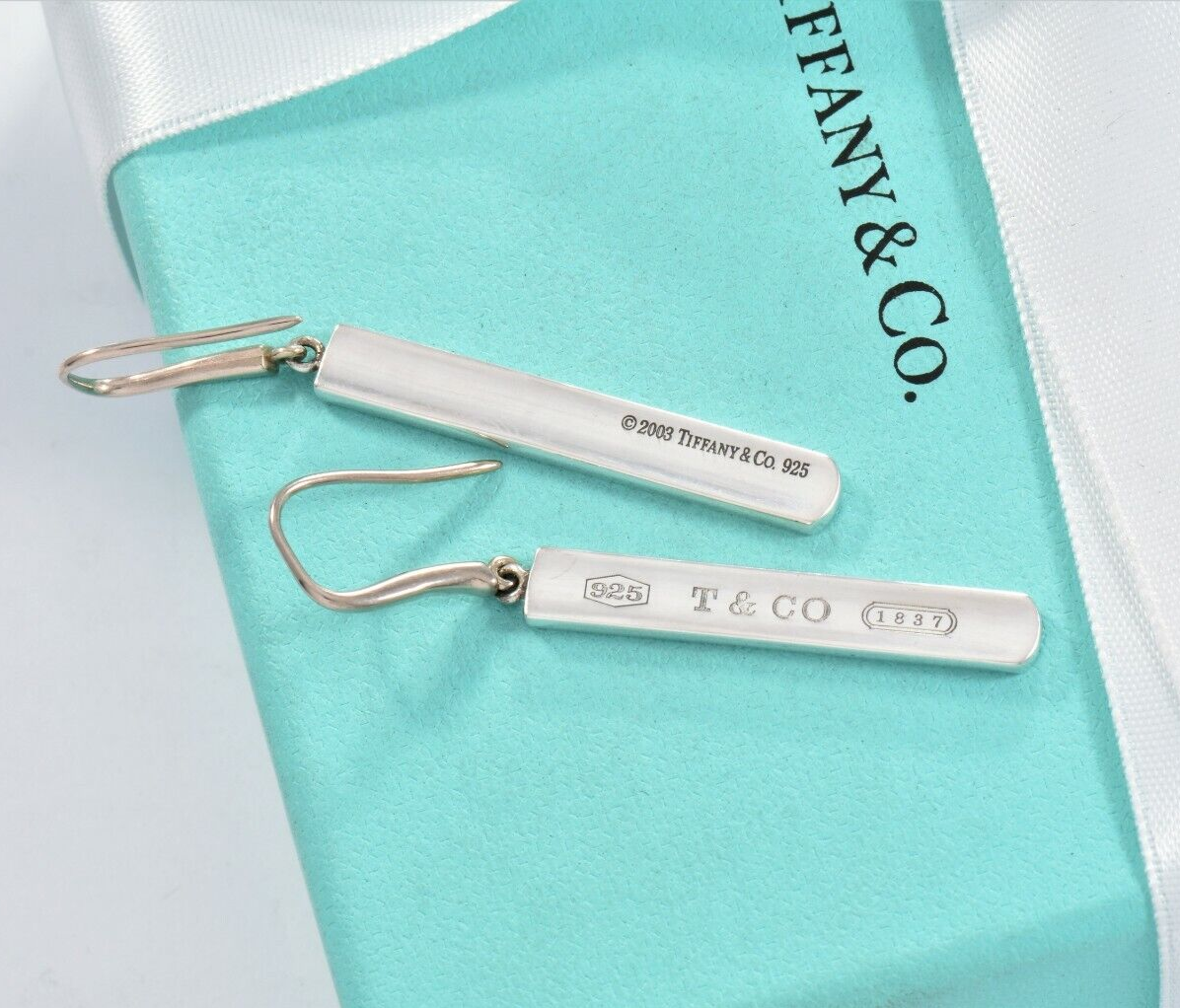 Tiffany & Co Sterling Silver 1837 Bar Dangling Hook Earrings & Pouch Dangle Rare