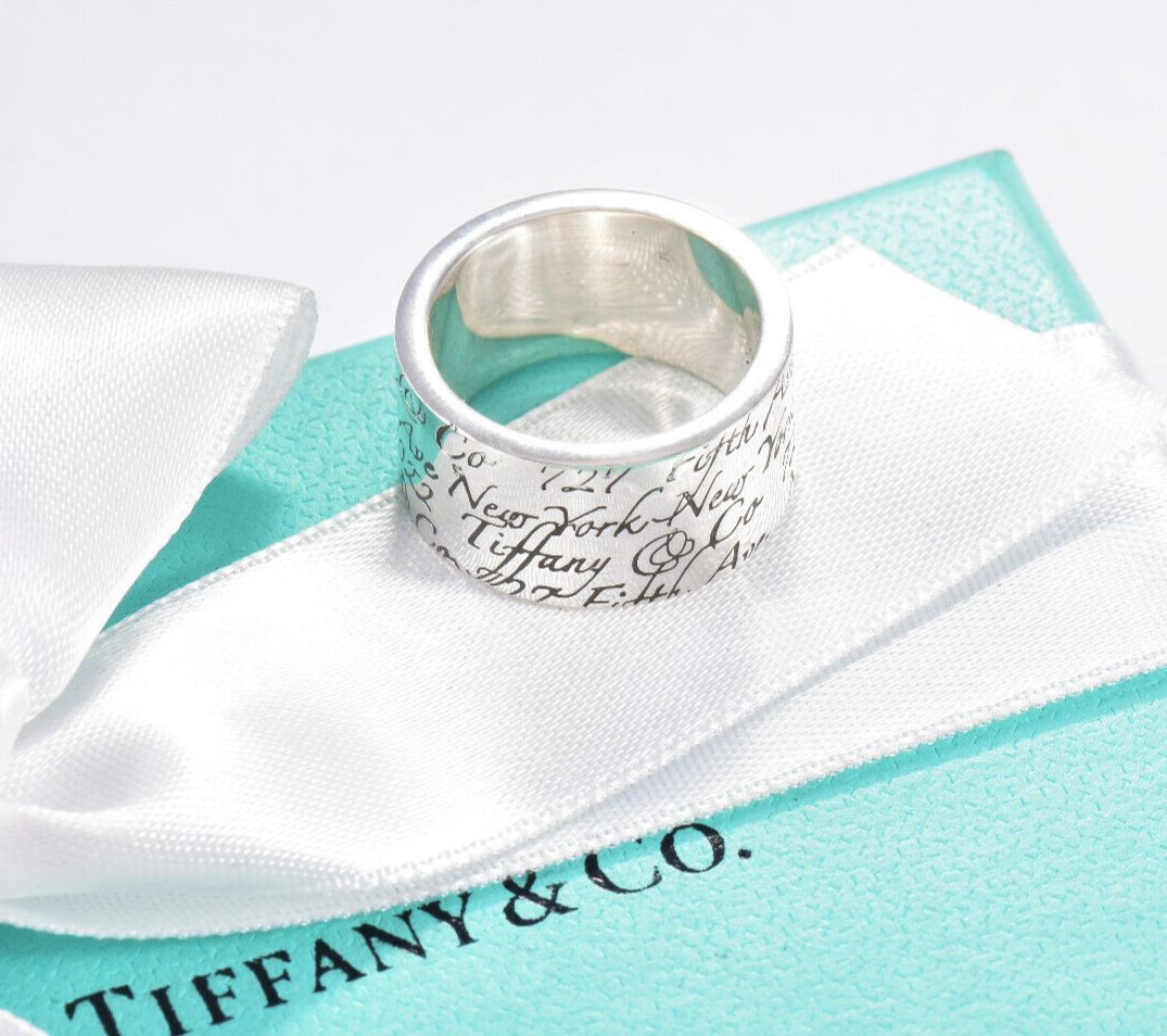 Tiffany & Co Silver Address Notes Script Wide Ring Size 8 in Box Pouch 10mm Band