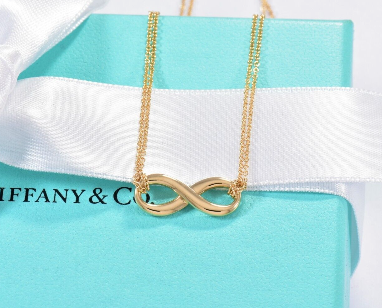 Tiffany & Co 18K Yellow Gold Infinity Pendant Double Chain Necklace in Box Pouch