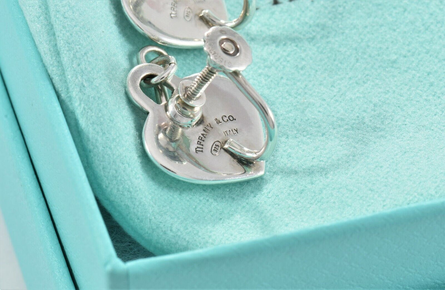 Vintage Tiffany & Co Italy Sterling Silver Heart Lock Key Earrings in Pouch Rare