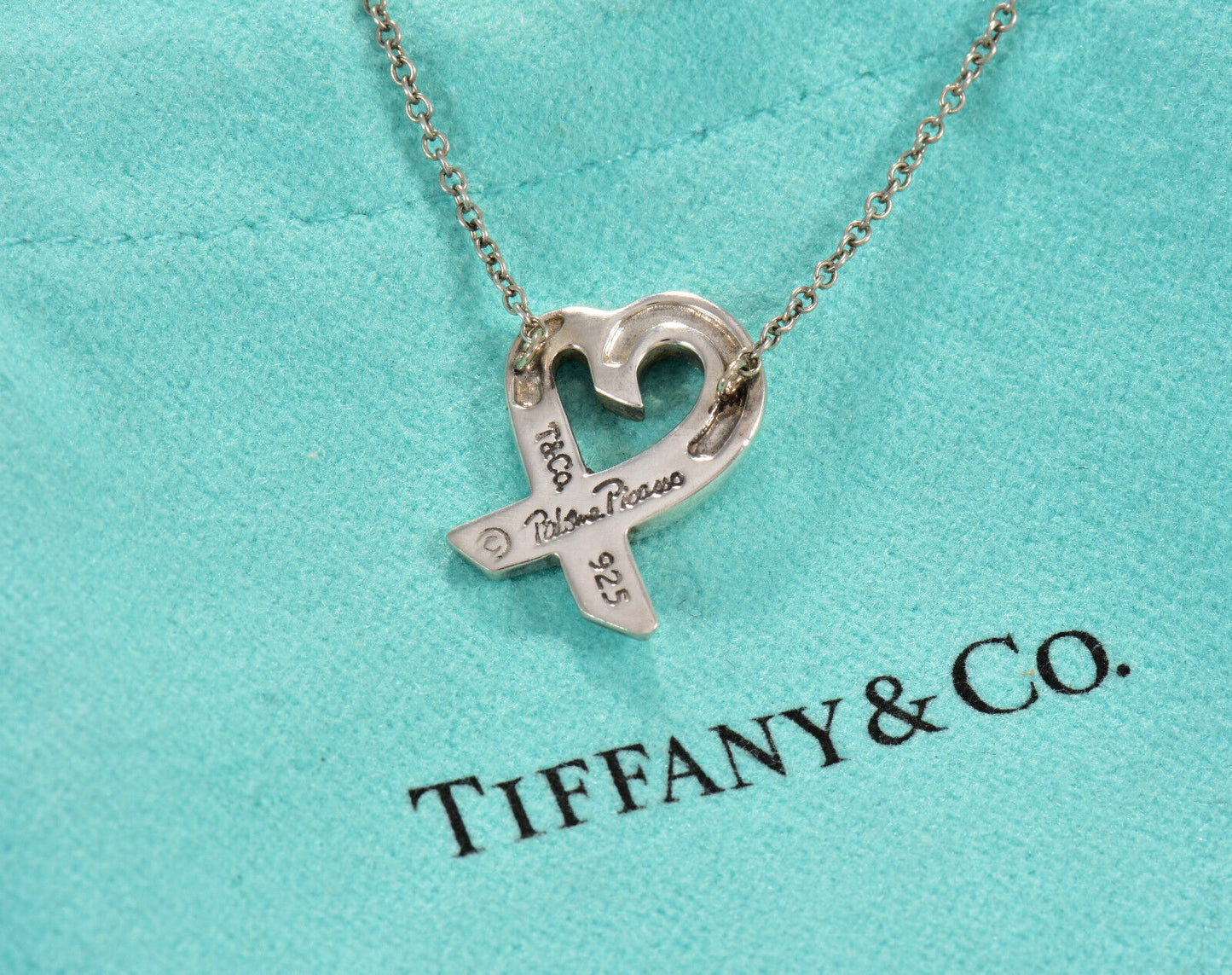 Tiffany & Co Silver Diamond Paloma Picasso Loving Heart Pendant Necklace in Box