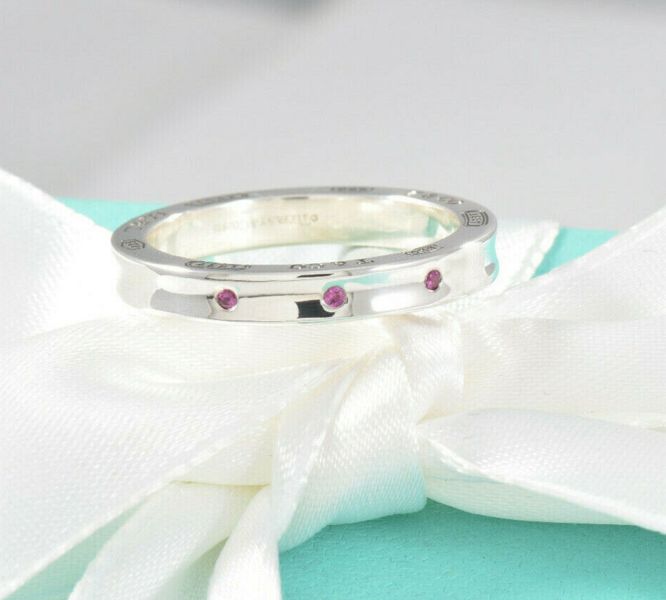 Tiffany & Co Silver 1837 Narrow 3 Pink Sapphire Band Stack Ring Size 5 in Pouch