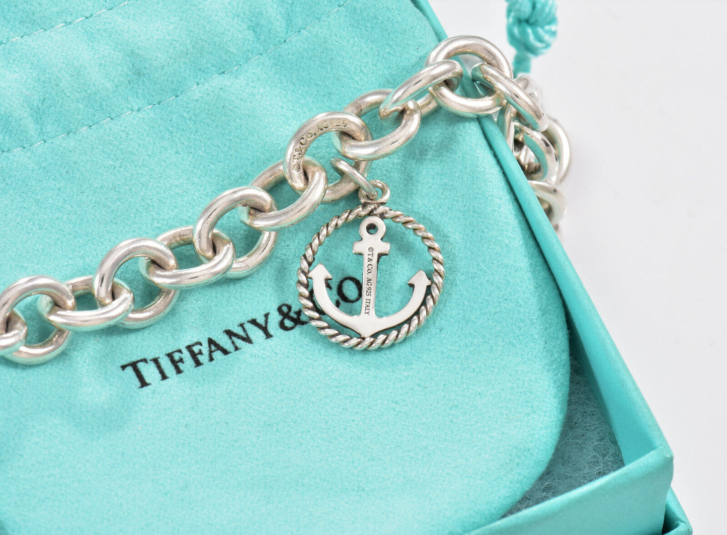 Tiffany & Co Sterling Silver Anchor Charm 8" Chain Link Bracelet in Pouch Rare