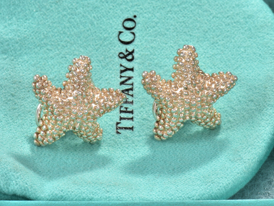 Vintage Tiffany & Co Silver Large Bumpy Starfish Coral Clip On Earrings in Pouch