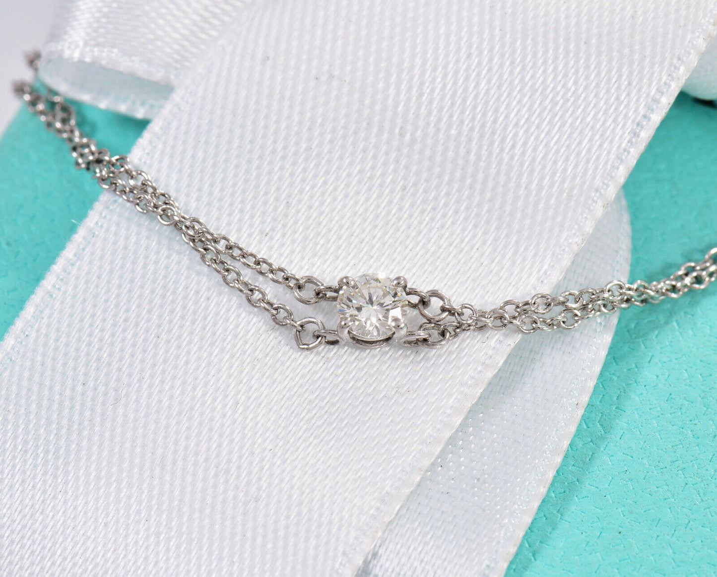 Tiffany & Co .17 ct Diamond Solitaire Platinum Double Chain Bracelet & Box Pouch