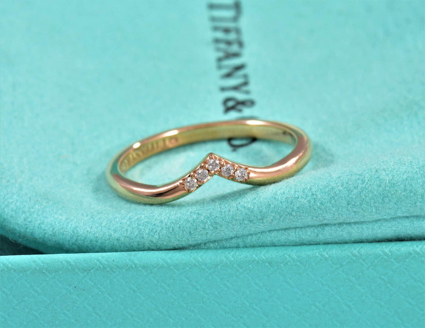 Tiffany & Co Diamond Rose Gold Soleste V Ring Size 7.5 in Box Pouch Lovely