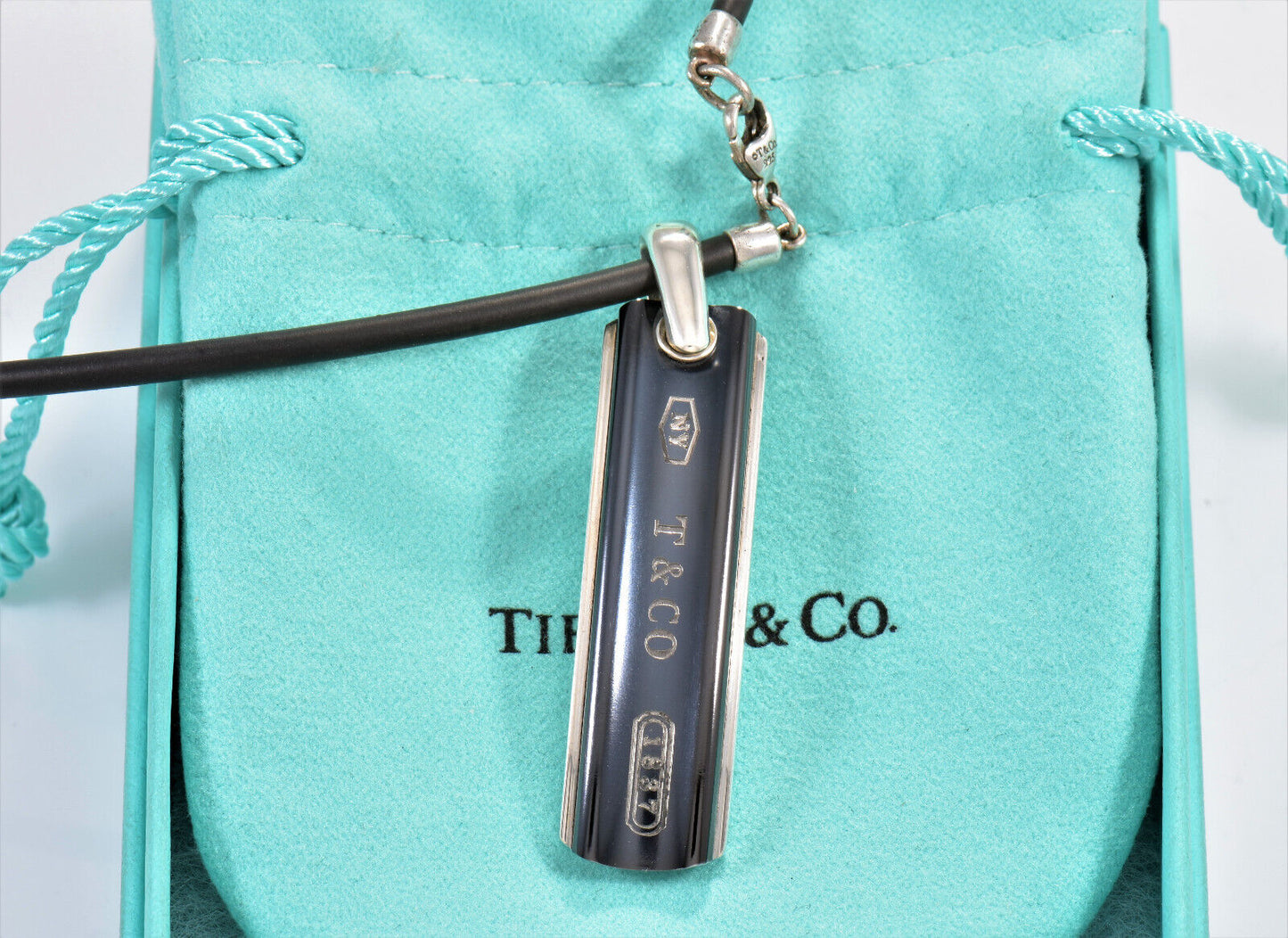 Tiffany & Co Silver Titanium 1837 Bar Rubber Surfer DogTag Necklace & Pouch Rare