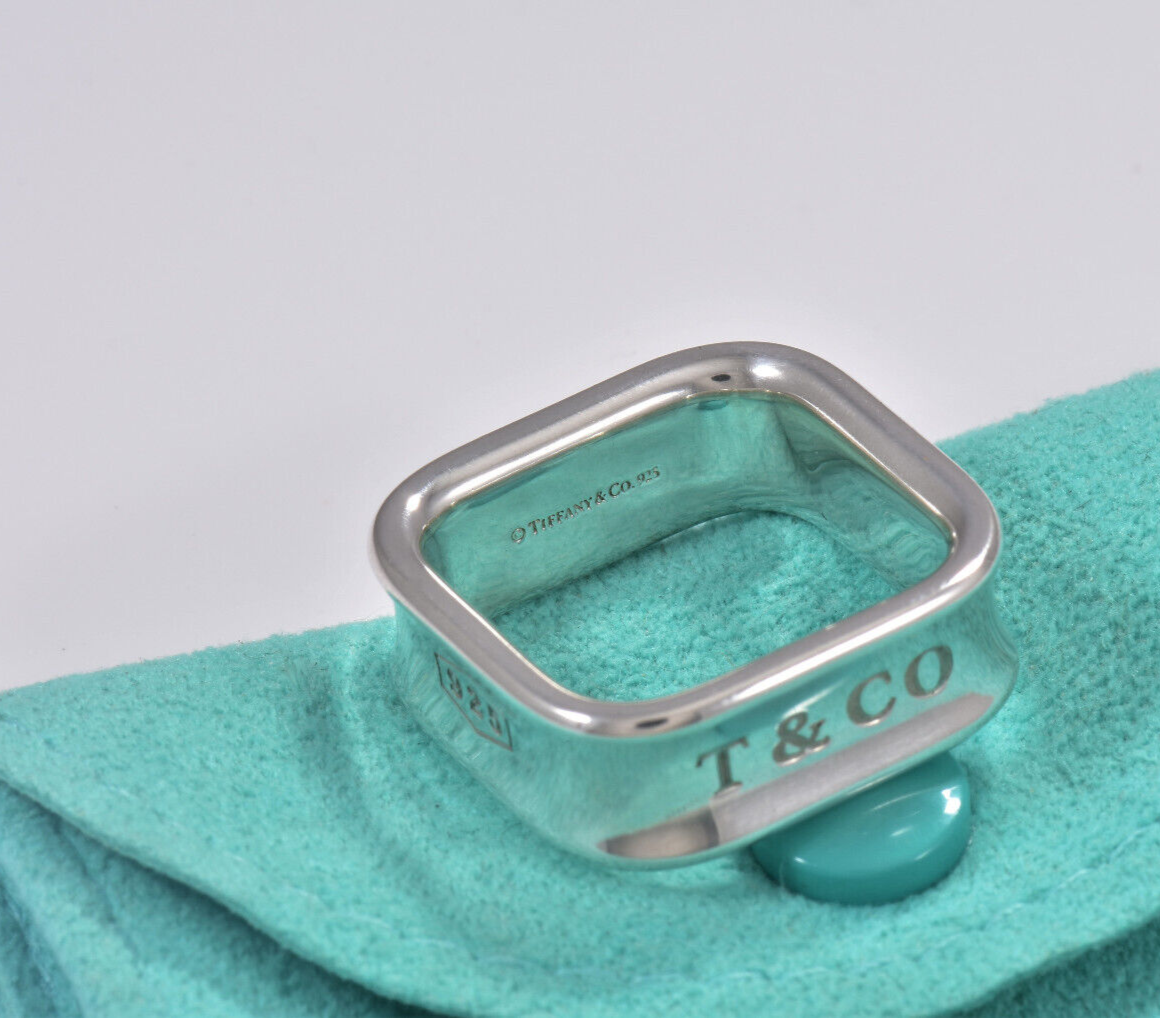 Size 6 Tiffany & Co 1837 Sterling Silver Square Wide Band Ring in Pouch Rare