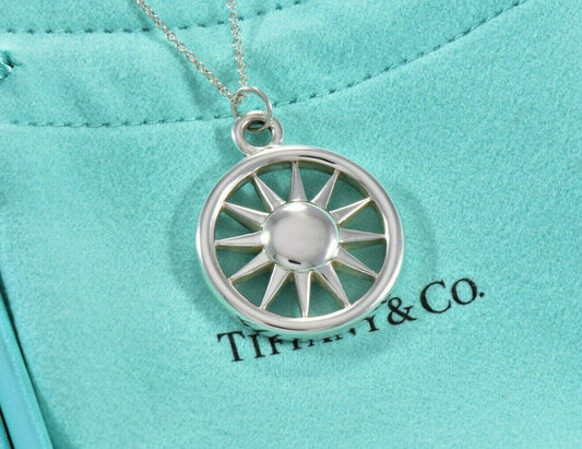 Tiffany & Co Sterling Silver Sun Pendant XL 25" Chain Necklace Rare Summer Art