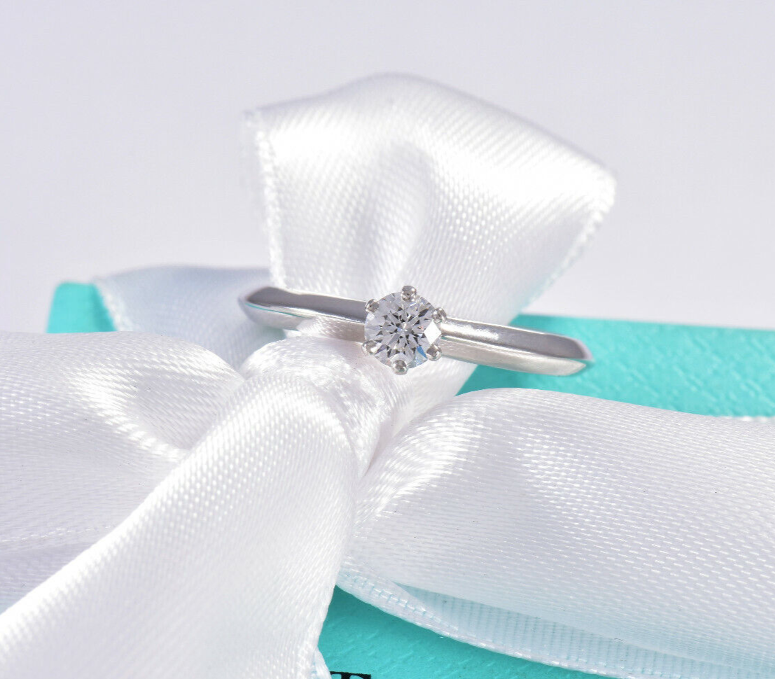 Tiffany & Co Platinum .22 ct Round Solitaire Diamond Ring Size 5 in Box Pouch