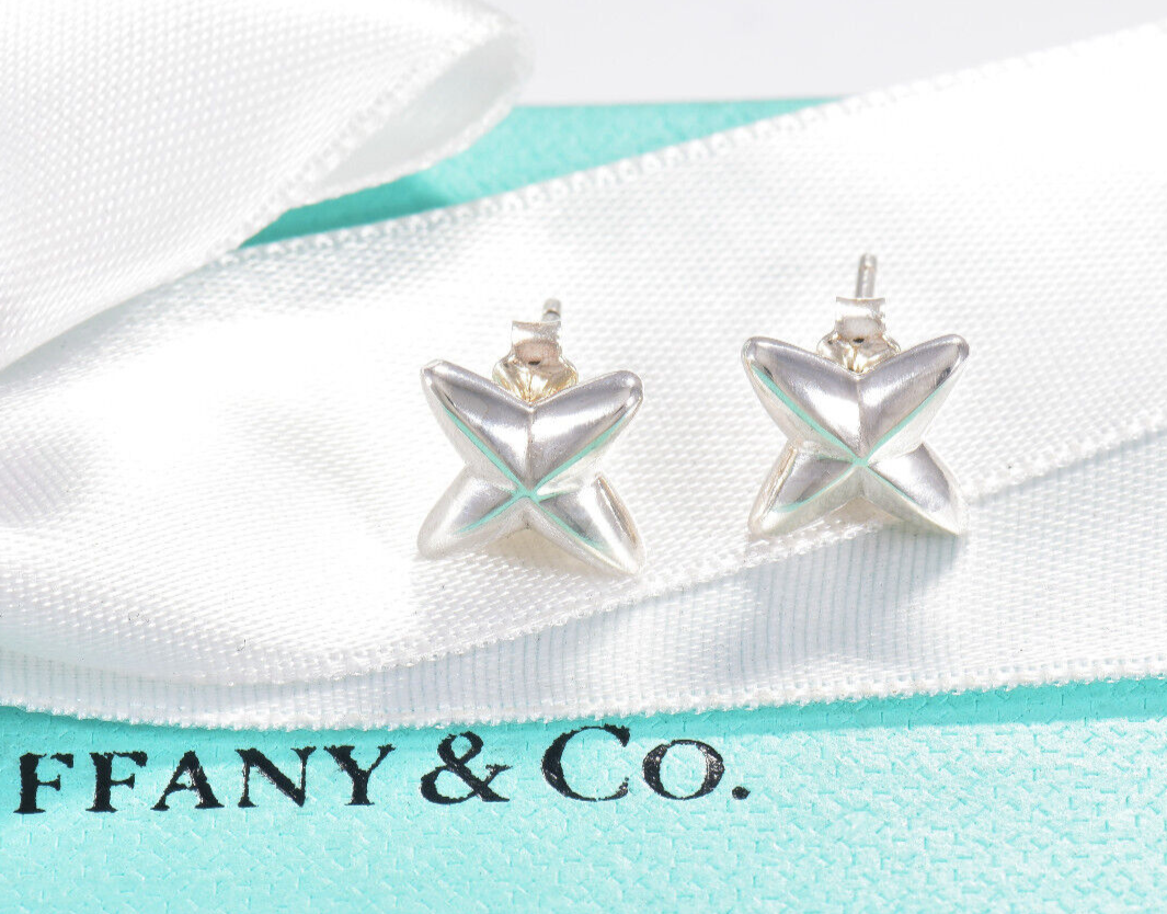 Tiffany & Co Sterling Silver Sirius Star Stud Earrings & Pouch Rare Lovely Gift