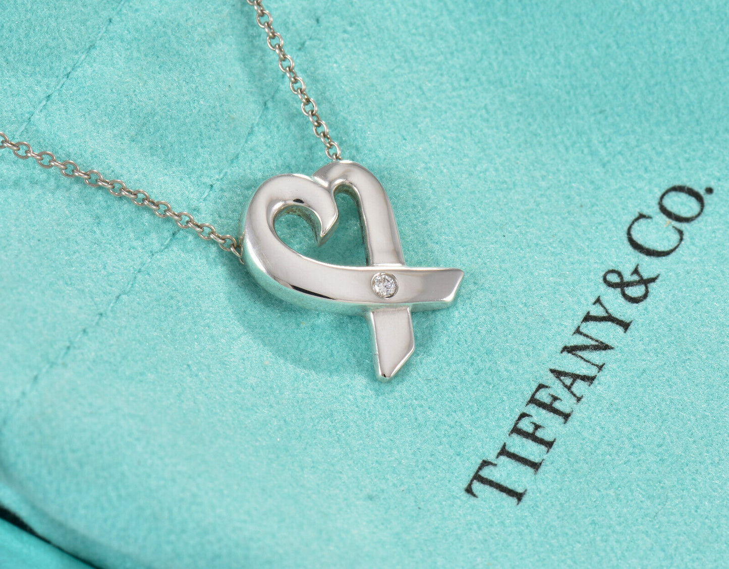 Tiffany & Co Silver Diamond Paloma Picasso Loving Heart Pendant Necklace in Box