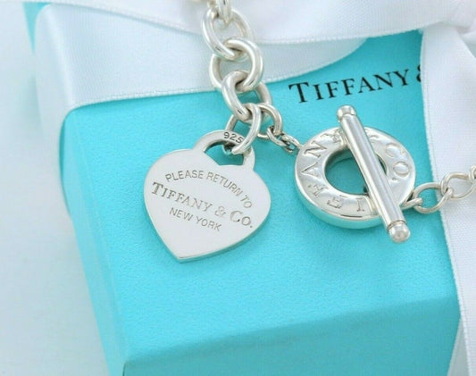 Please Return To Tiffany & Co Silver Heart Tag Toggle Chain Necklace 16.75"