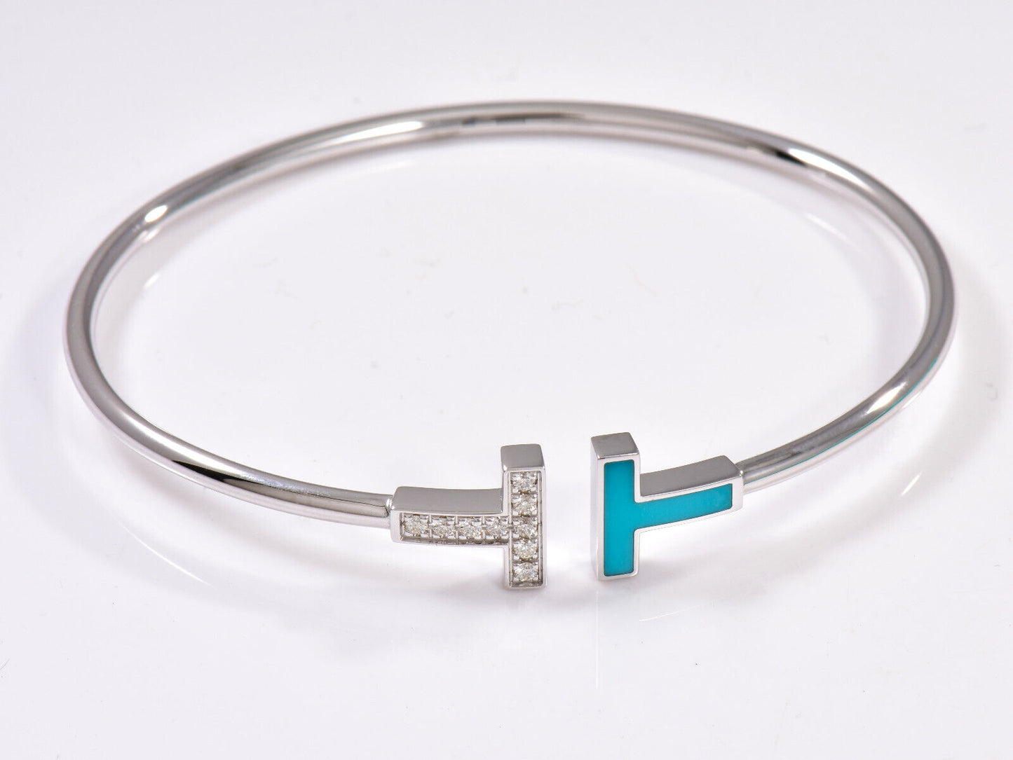 Tiffany & Co Diamond 18K White Gold Blue Turquoise T Wire Large Bracelet in Box