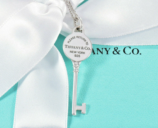 Please Return To Tiffany & Co Silver Circle Key Pendant Necklace & Box Pouch 16"