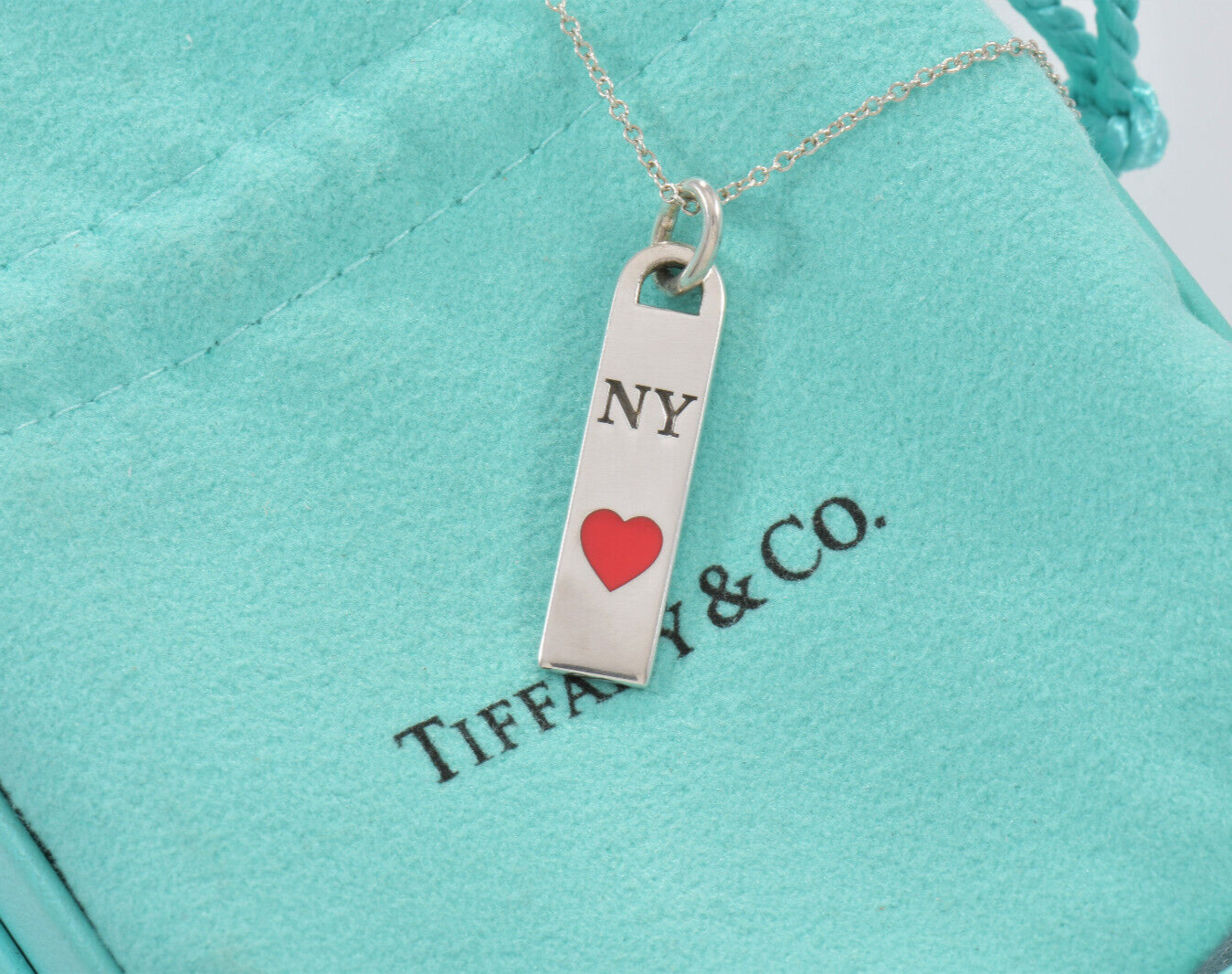 Tiffany & Co Silver Red Enamel NY Heart Bar Pendant 18" Necklace in Pouch Rare