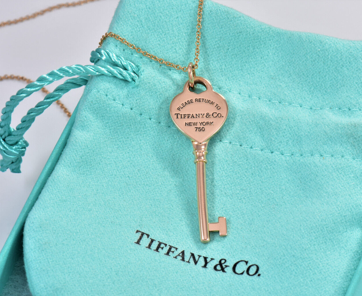 Please Return To Tiffany & Co 18K Rose Gold Heart Key Pendant 18" Necklace Boxed