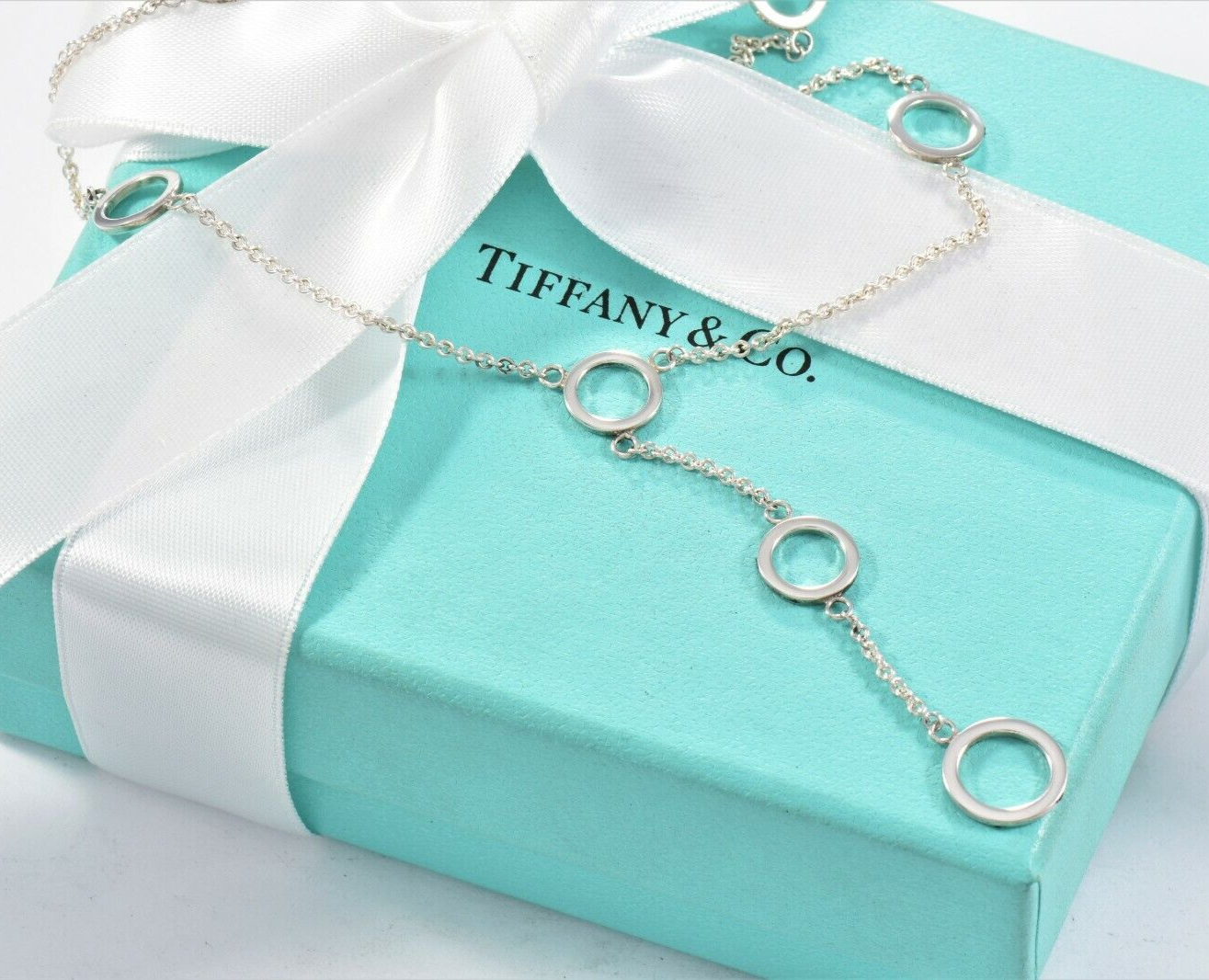 Tiffany & Co Sterling Silver Ring Circles Chain Link Lariat Necklace & Box Pouch