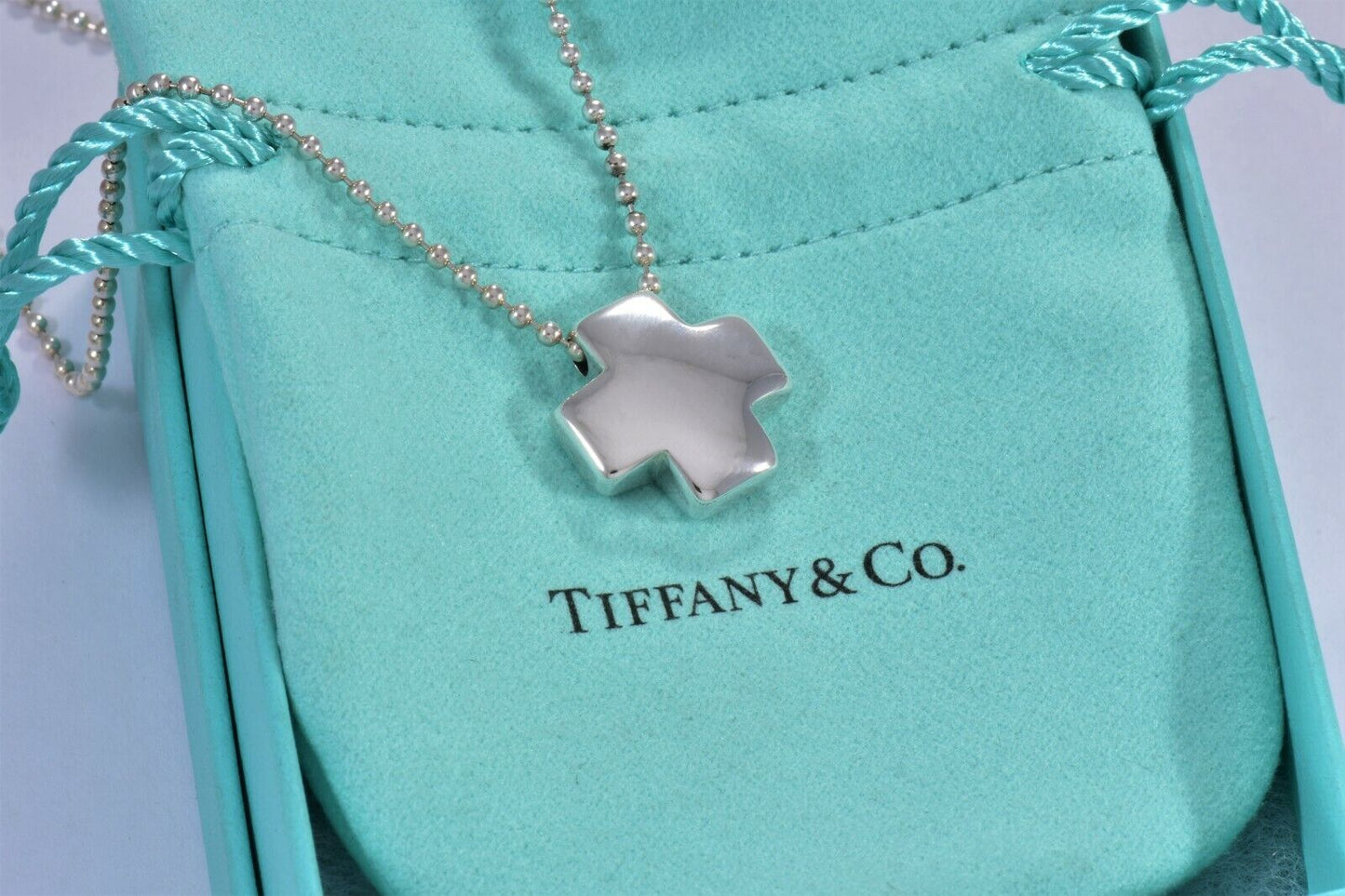 Tiffany & Co Italy Sterling Silver Swiss Cross Pendant Bead Chain Necklace Pouch