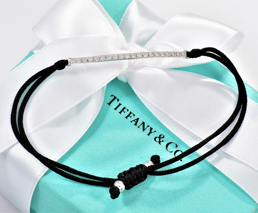 Tiffany & Co Diamond 18k White Gold Metro Bar Silk Cord 6” - 7.7” Bracelet Rare