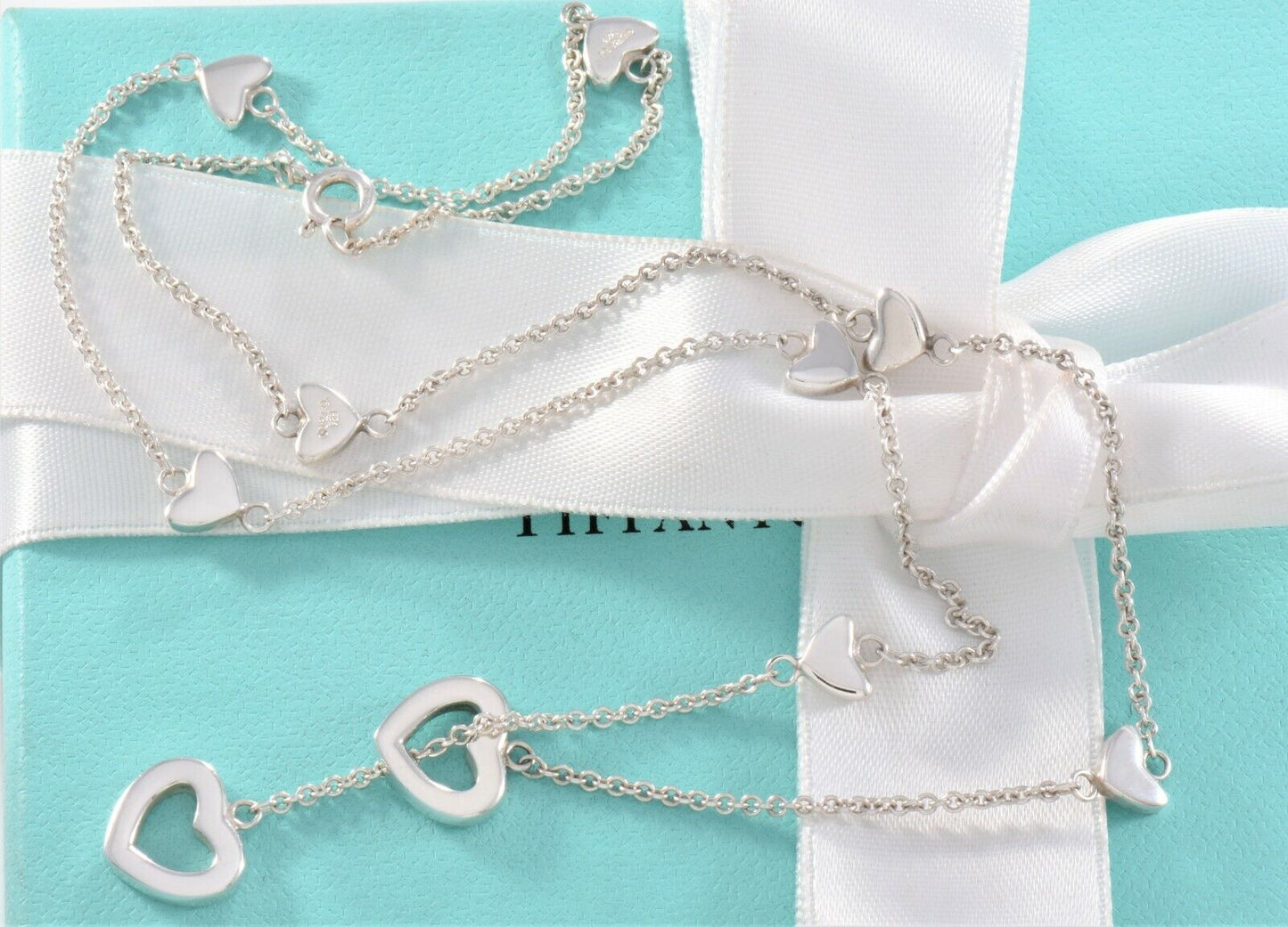 Tiffany & Co Silver Heart Lariat Drop Dangle Necklace in Box Pouch Rare Dangling