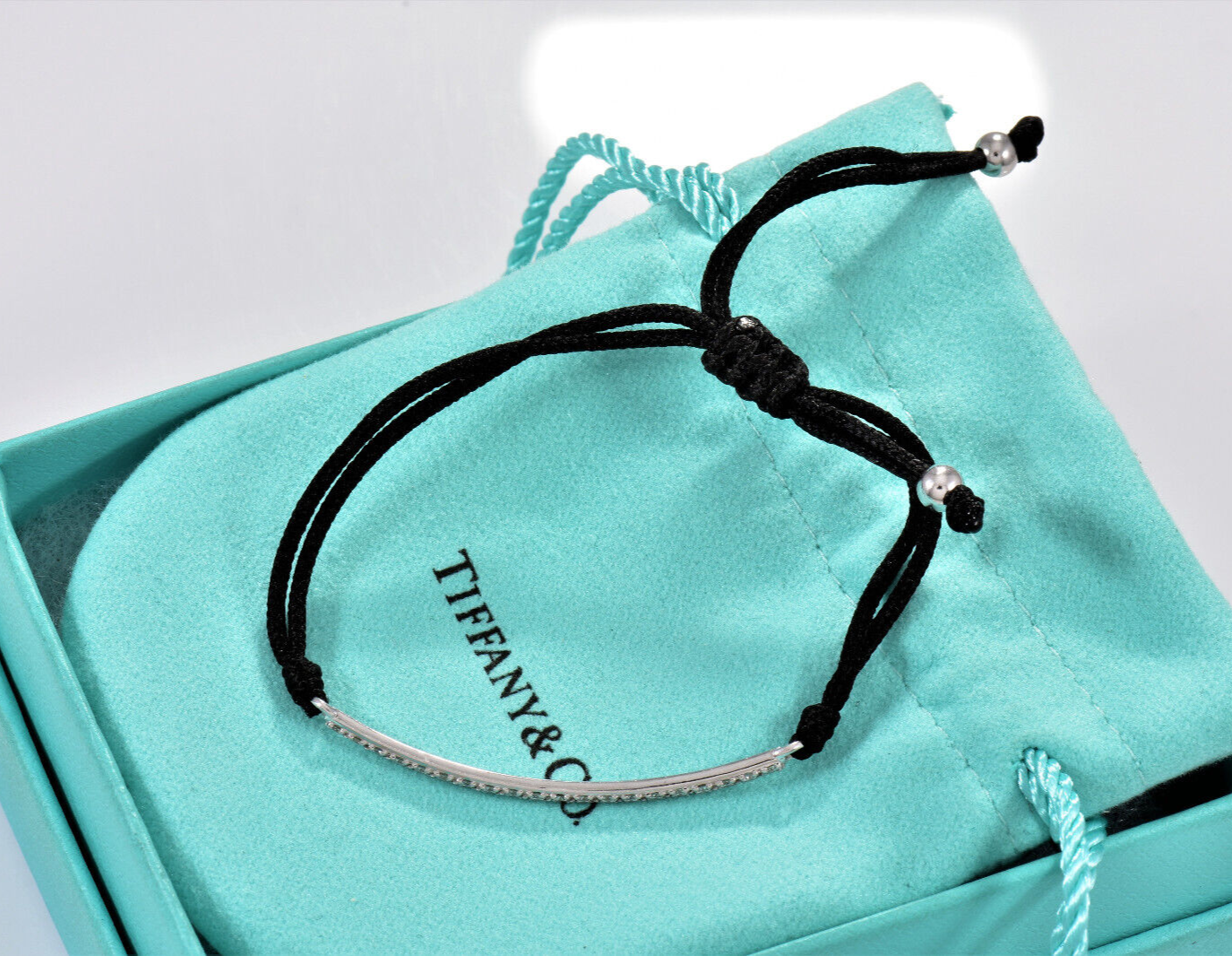 Tiffany & Co Diamond 18k White Gold Metro Bar Silk Cord 6” - 7.7” Bracelet Rare