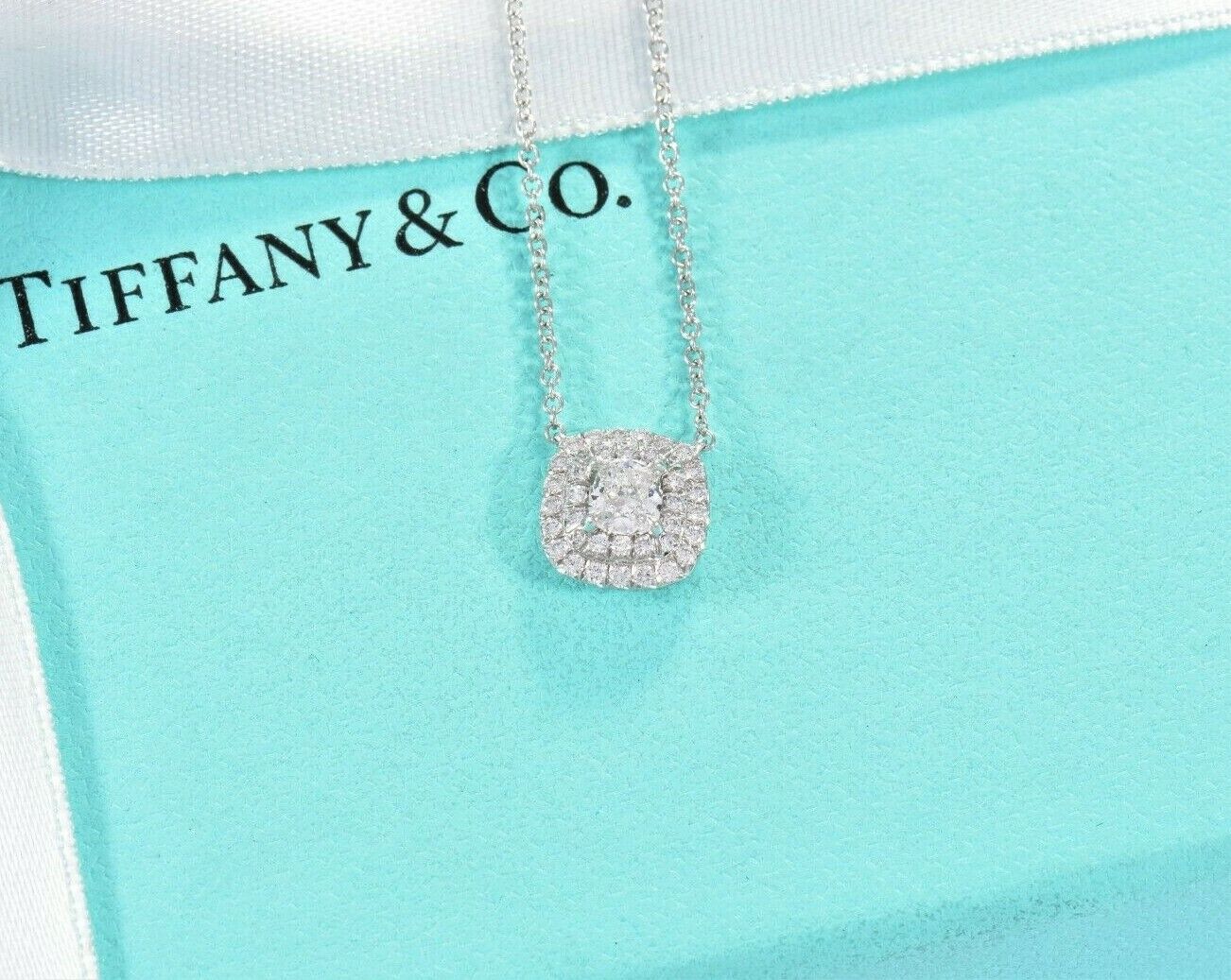 Tiffany & Co Platinum Diamond Soleste Cushion Pave Square Pendant Necklace Boxed