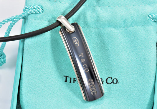 Tiffany & Co Silver Titanium 1837 Bar Rubber Surfer DogTag Necklace & Pouch Rare