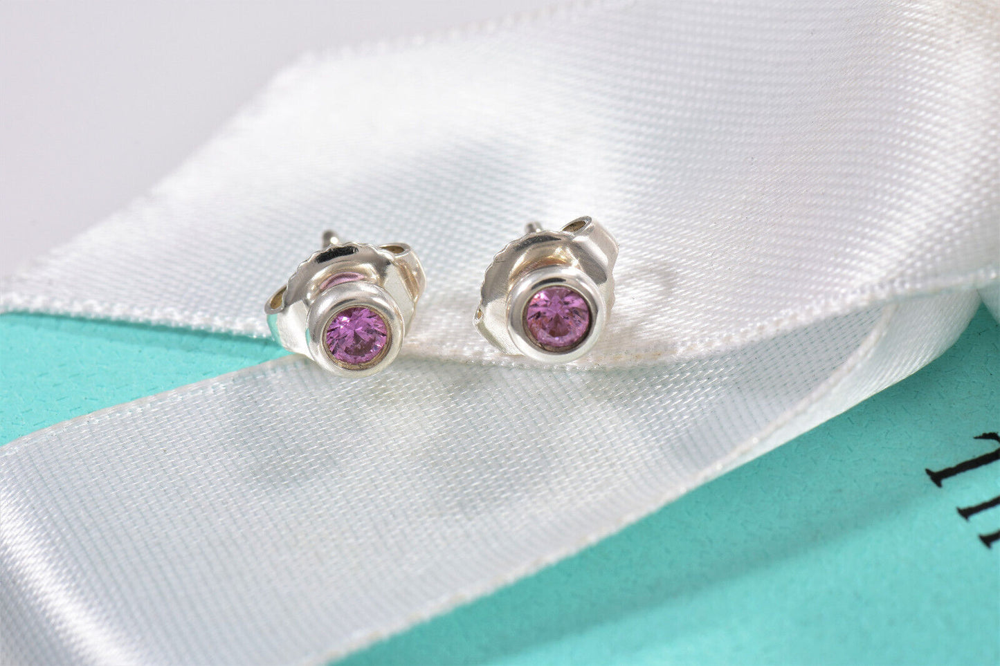 Tiffany & Co Silver Elsa Peretti Pink Sapphire Color By Yard Stud Earrings Boxed