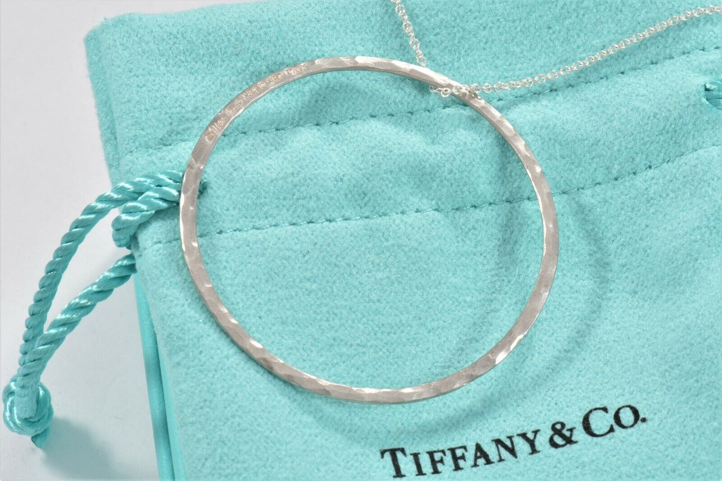 Tiffany & Co Silver Paloma Picasso Hammered Circle Ring Pendant Necklace & Pouch