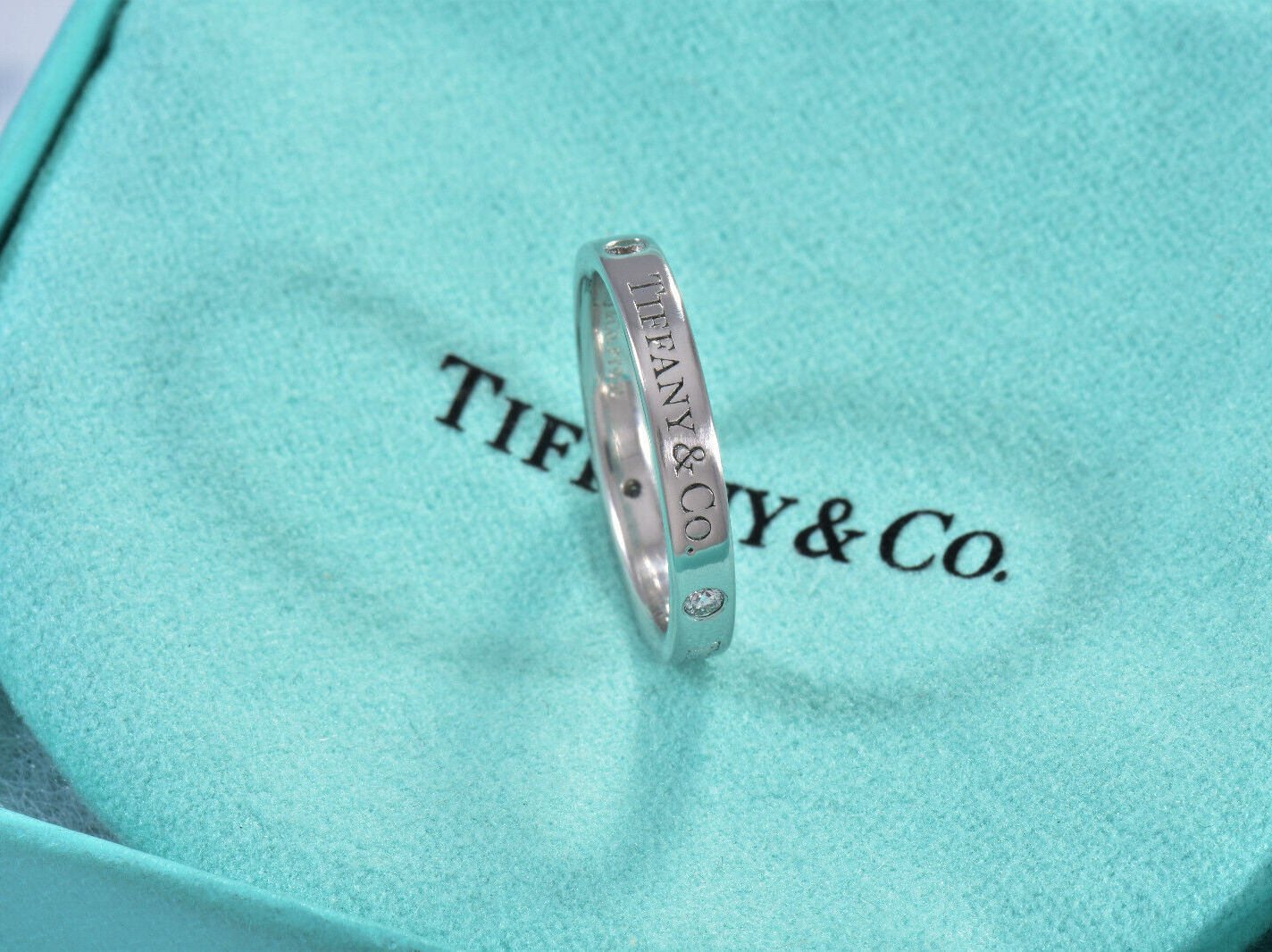 Tiffany & Co Platinum Three Diamond Band 3mm Ring Size 5.5 in Box Pouch Rare