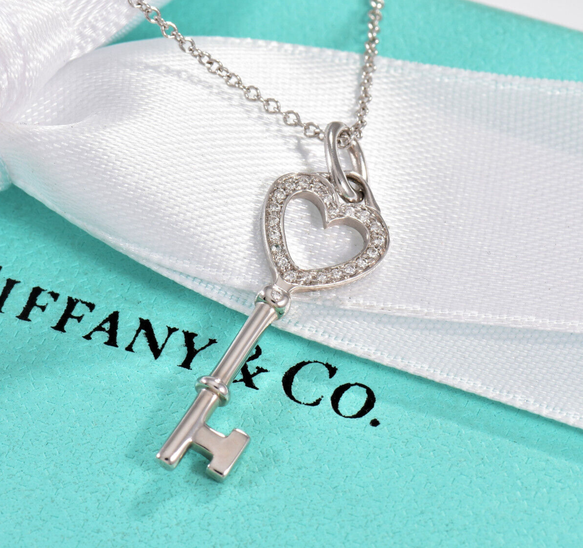 Tiffany & Co Diamond 18K White Gold Heart Key Pendant 18" Chain Necklace in Box