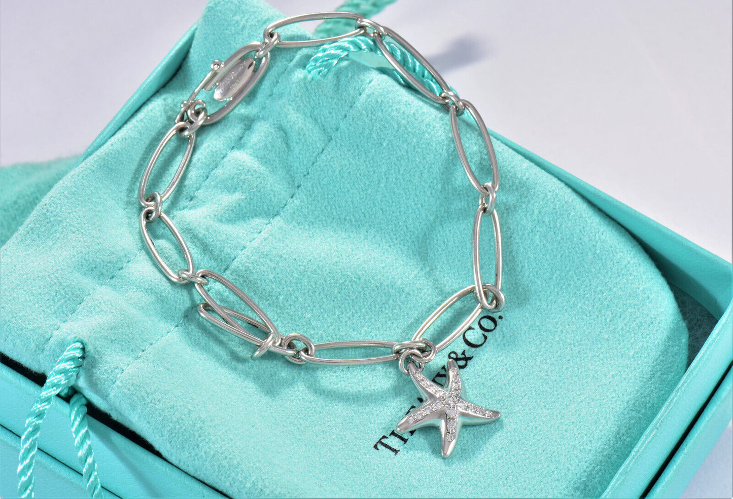 Tiffany & Co Elsa Peretti Diamond Platinum Starfish Charm 7.3" Bracelet in Box