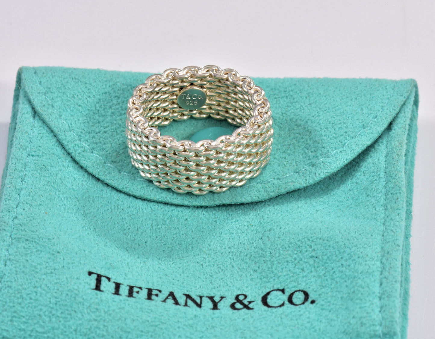 Size 7.5 Tiffany & Co Somerset Sterling Silver Mesh Link Band Ring in Pouch Rare