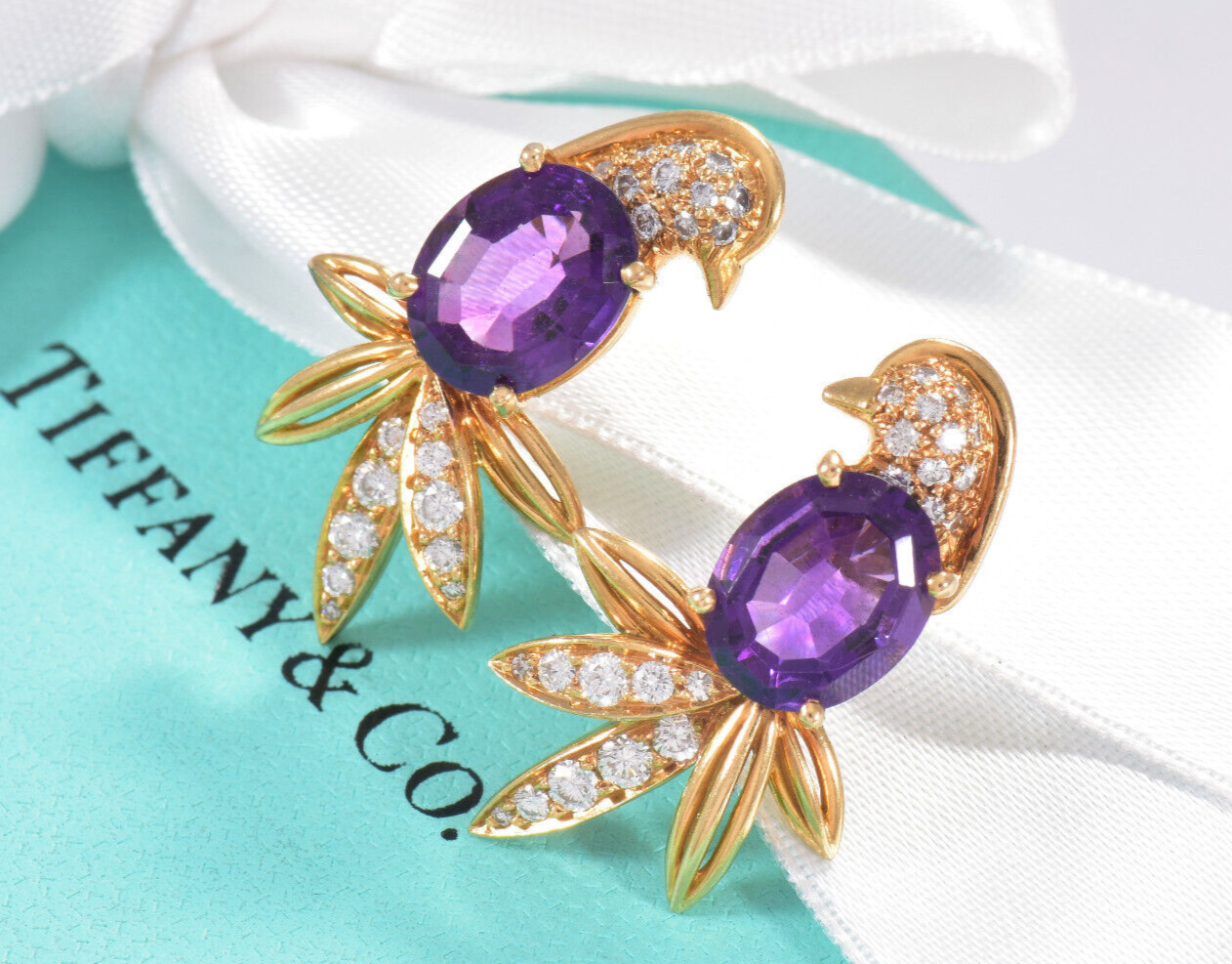 Tiffany & Co 18K Yellow Gold Birds of Paradise Diamond Amethyst Earrings Clip On