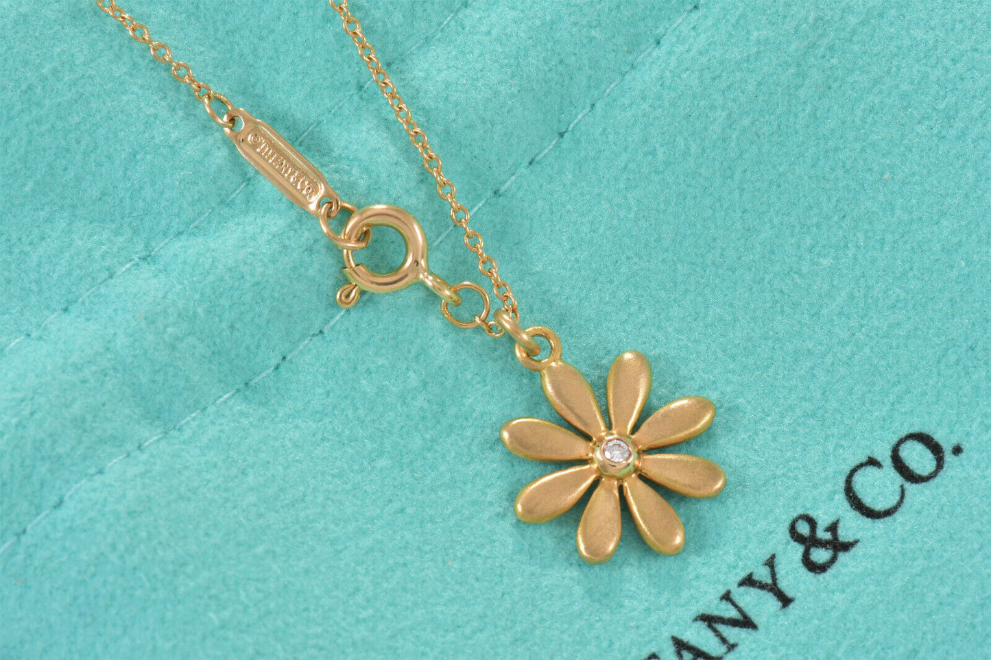 Tiffany & Co Diamond 18K Yellow Gold Daisy Flower Pendant 16.25" Necklace in Box