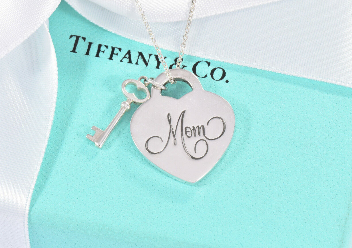 Tiffany & Co Silver Mom Heart Tag Key Two Charm Pendant 16" Necklace in Box Rare