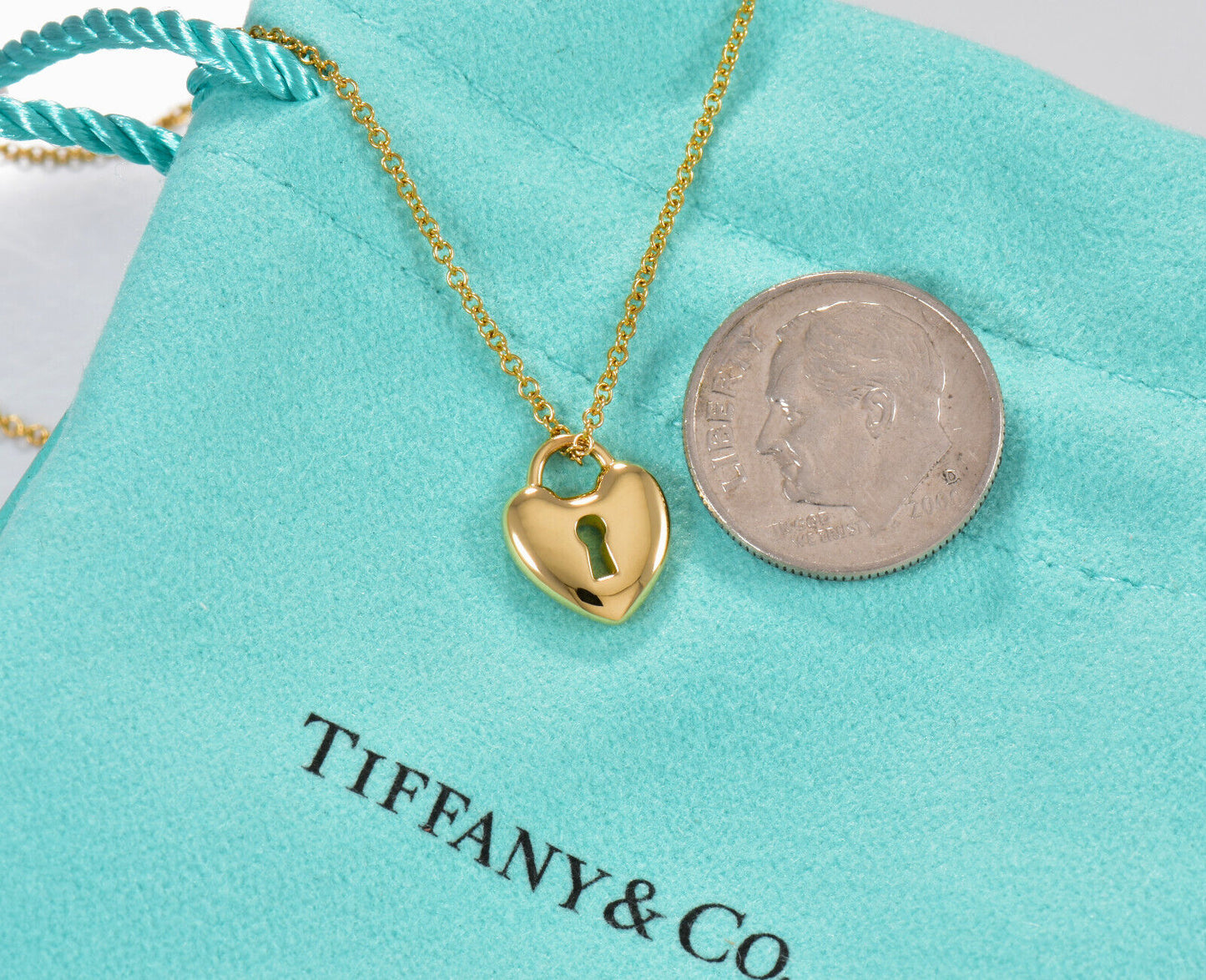 Tiffany & Co 18K Yellow Gold Heart Lock Keyhole Pendant 16" Necklace in Box Rare