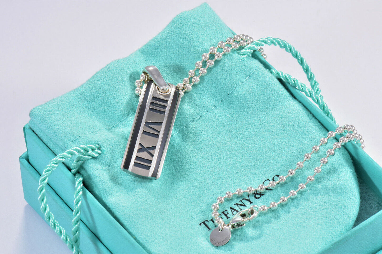 Tiffany & Co Titanium Silver Atlas Bar Dog Tag Bead Chain Necklace in Pouch Rare