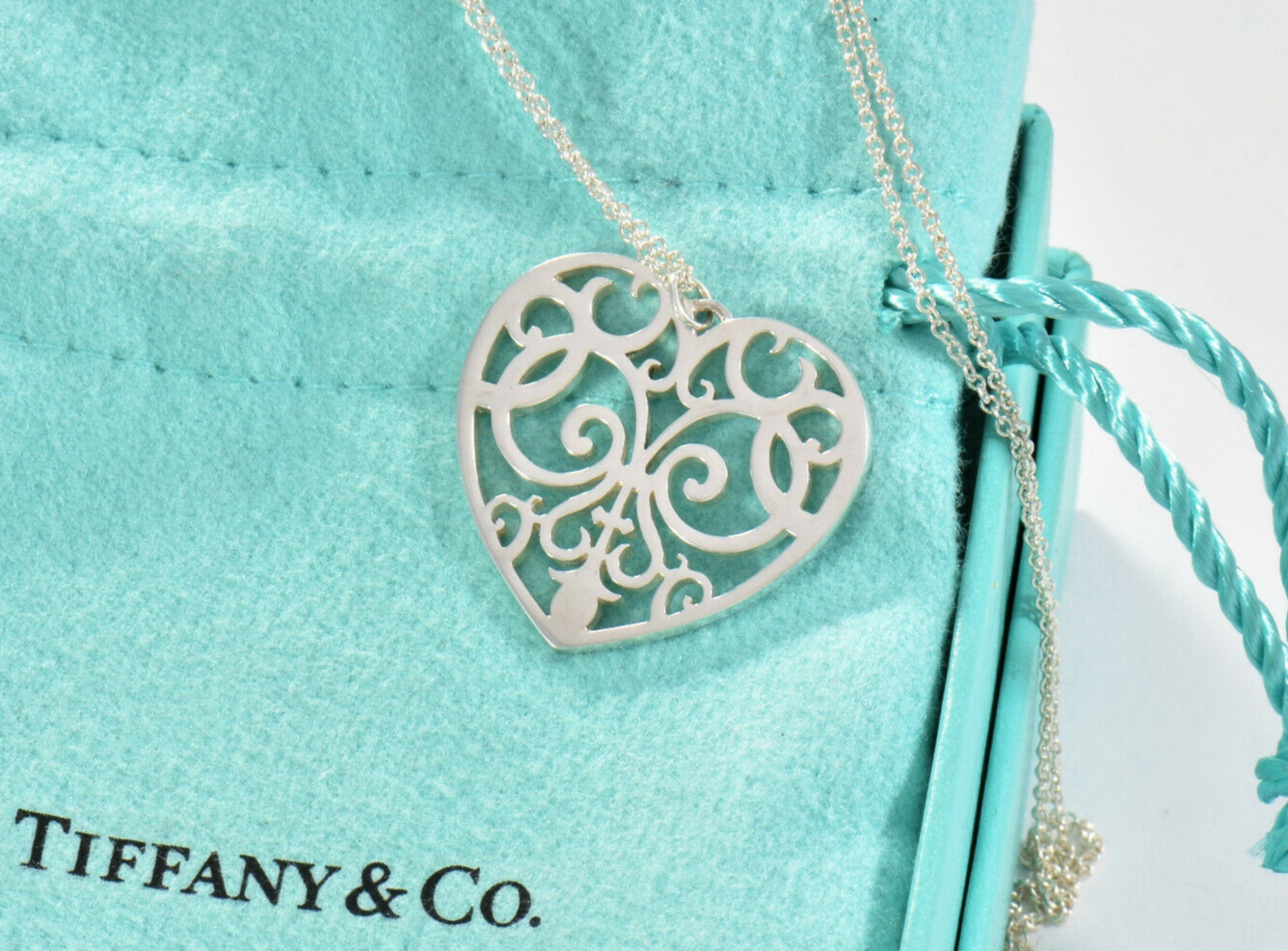 Tiffany & Co Silver Large Enchant Scroll Heart Pendant XL 20" Necklace & Pouch