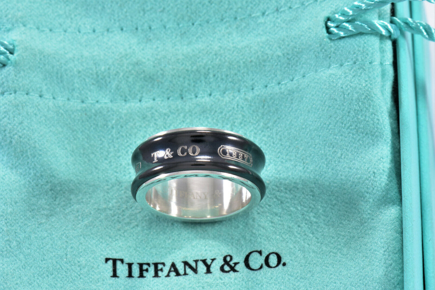 Tiffany & Co Silver Titanium 1837 8.5mm Wide Band Ring Size 5 in Pouch Mens